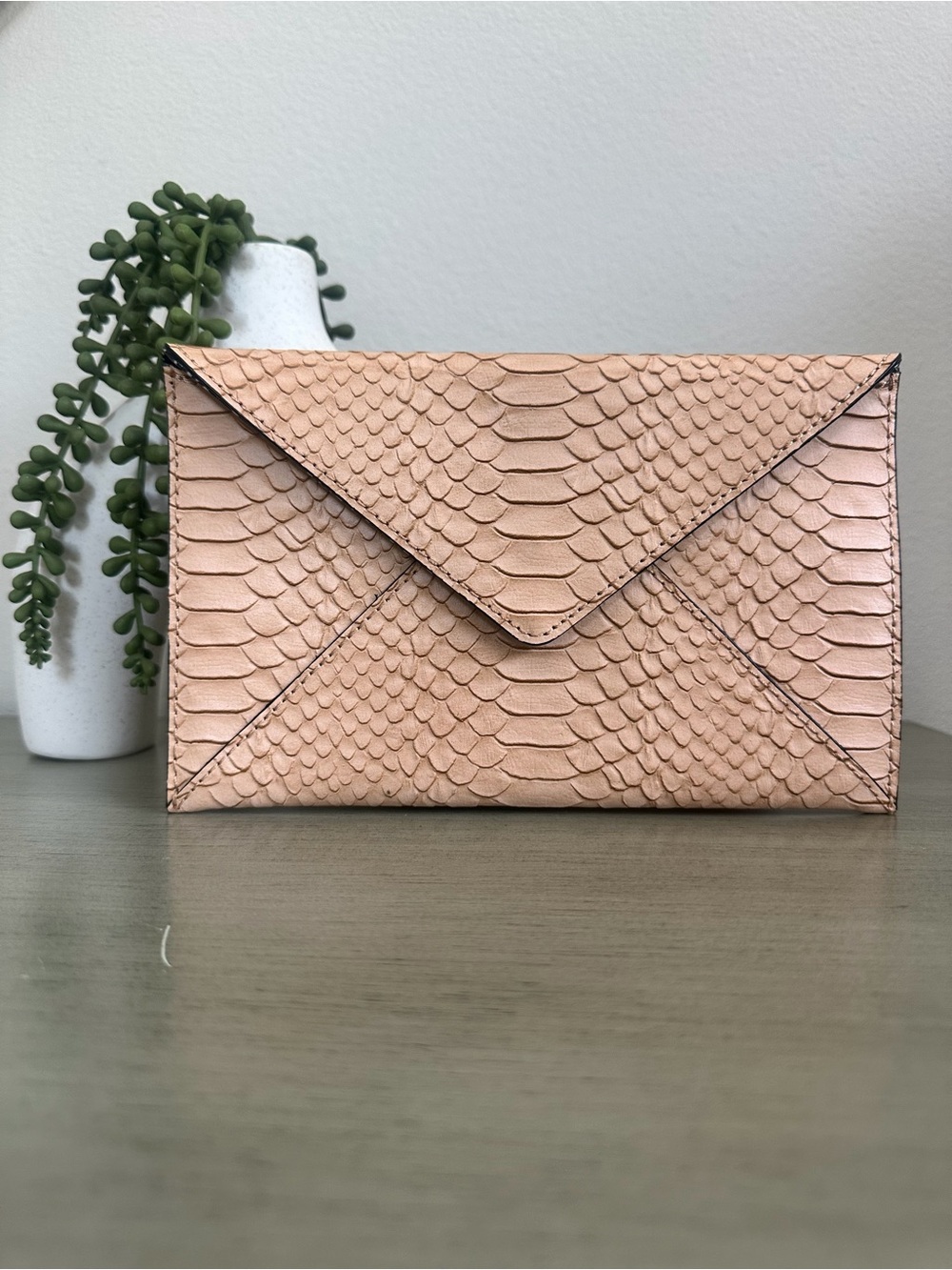 LIKE NEW! Loeffler Randall Python-Embossed Leather Envelope Clutch - Nude/Beige